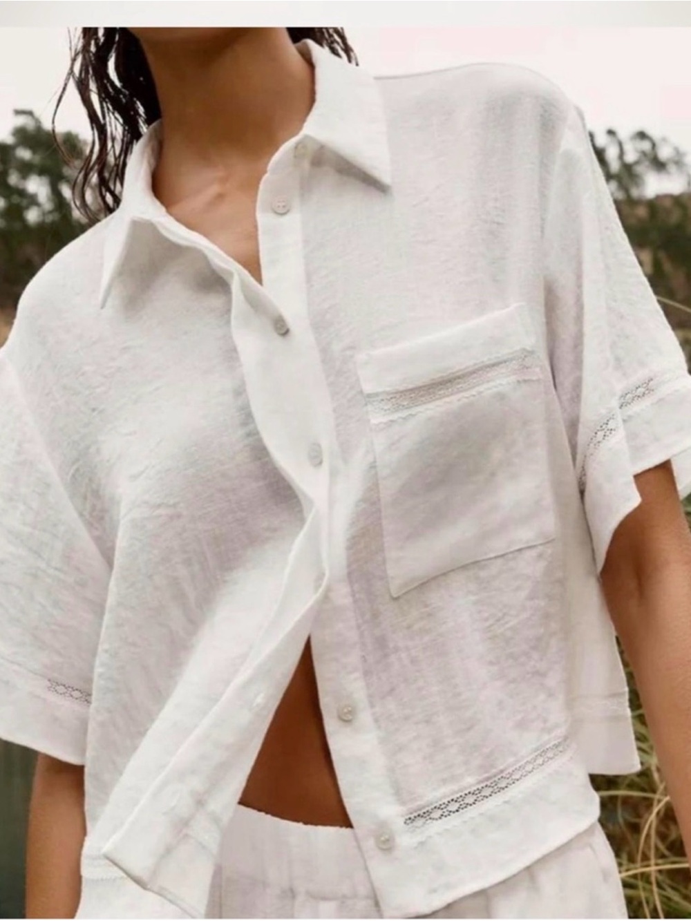 Zara White Short-Sleeve Linen-Blend Button Down Shirt